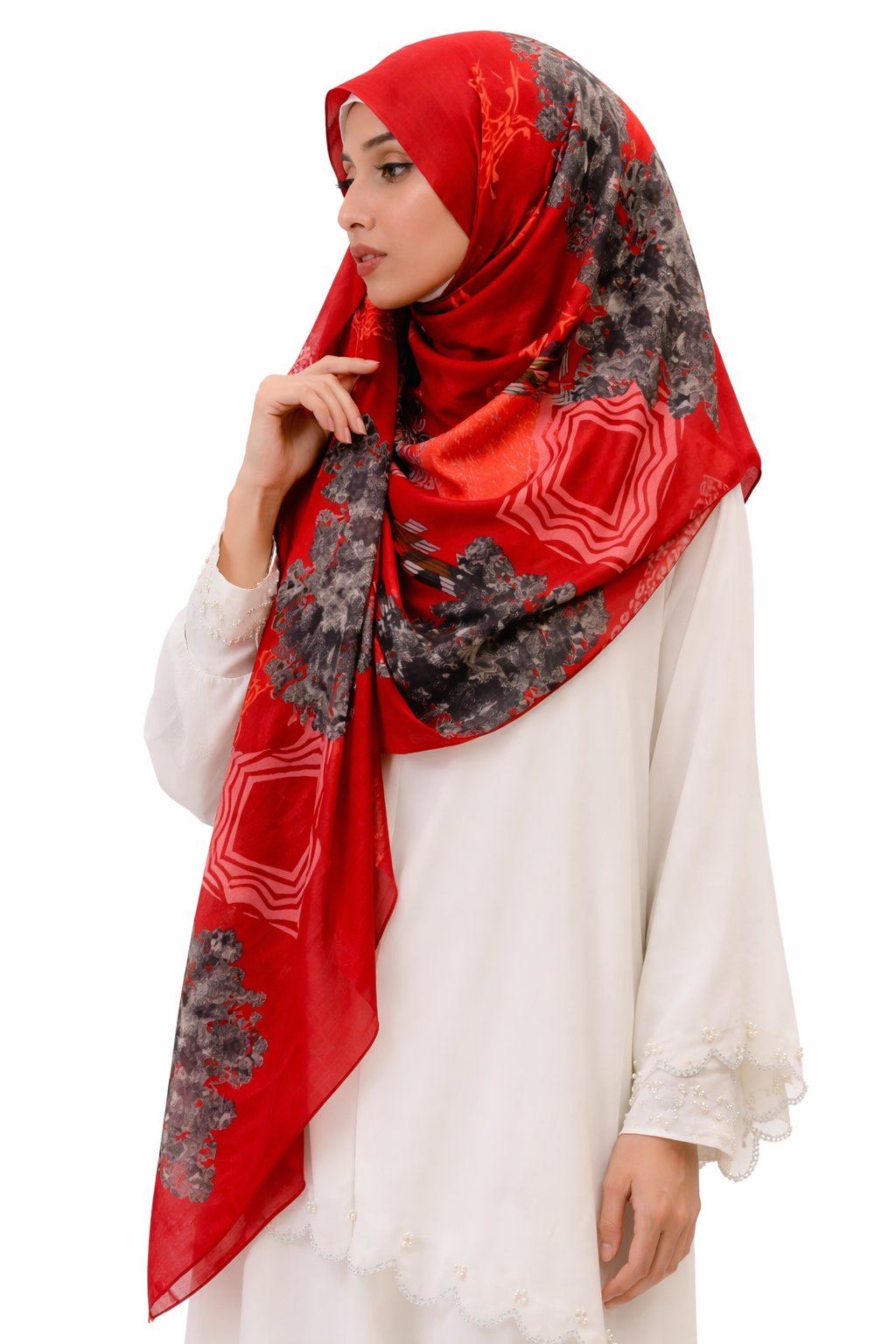 Printed Turkish Modal Hijab - Red Flowers Black