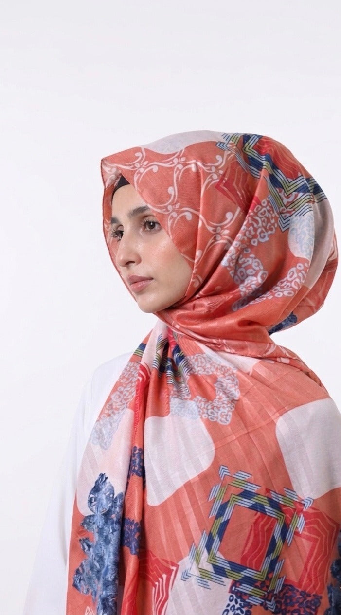 Printed Turkish Modal Hijab - Orange