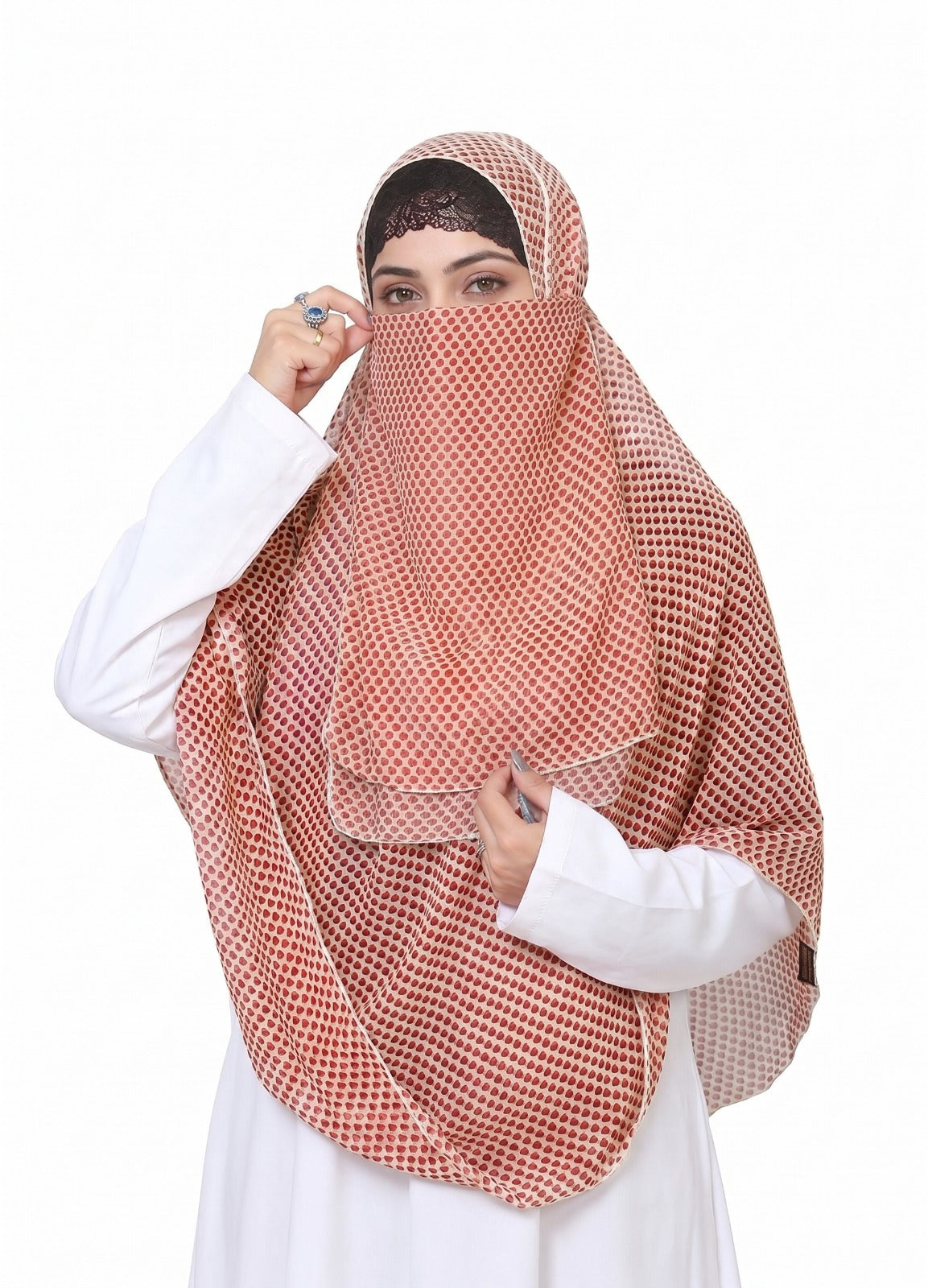 Printed Double Loop Hijab With Prinetd Niqab - Cream and Cherry