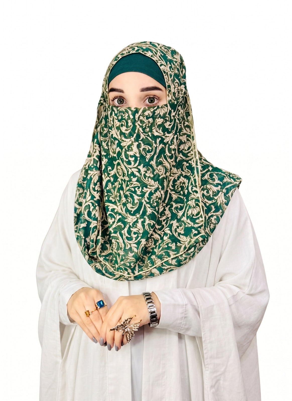 Printed Double Loop Hijab With Prinetd Niqab - Green Printed