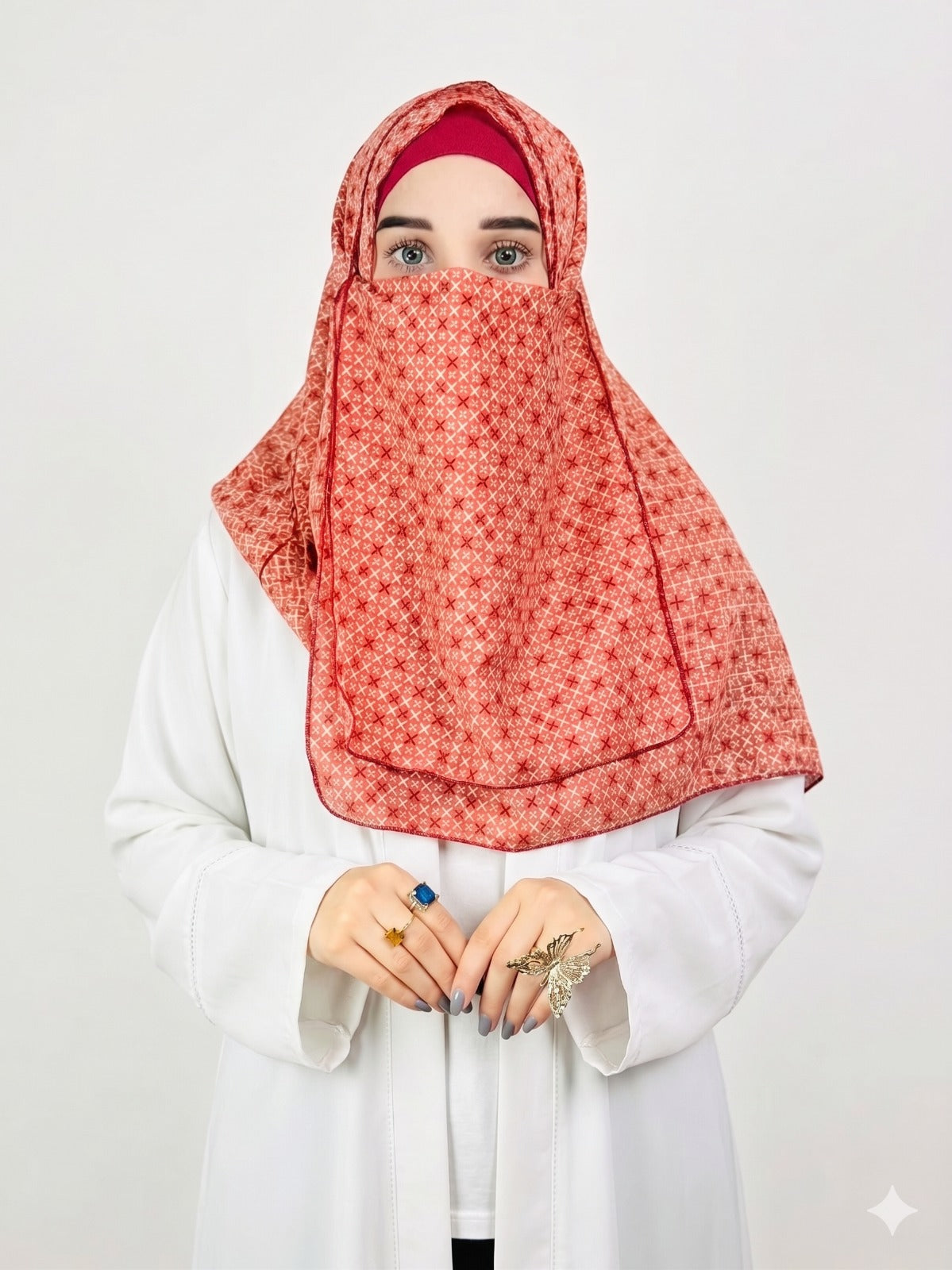 Printed Double Loop Hijab With Prinetd Niqab - Printed rust