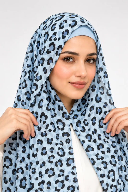 Blue - Instant Cheetah Print Magnetic Hijab