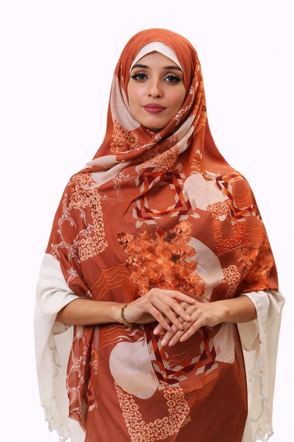 Printed Turkish Modal Hijab -Brown