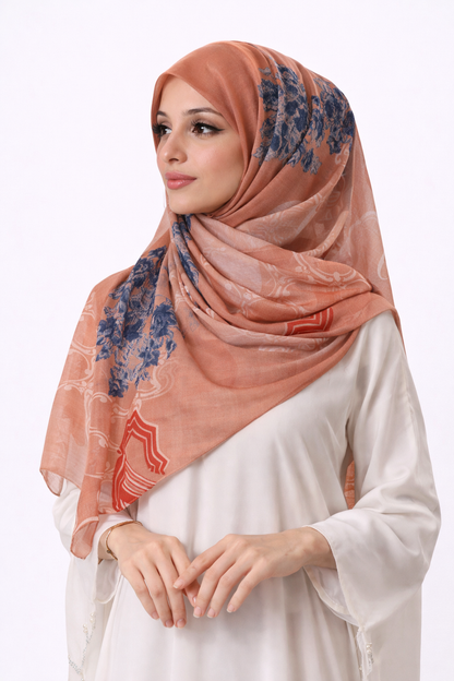 Printed Turkish Modal Hijab -Brown Blue Flower