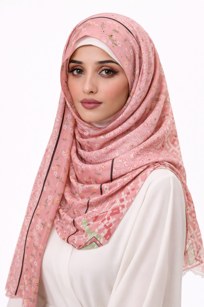 Printed Turkish Modal Hijab - Pink