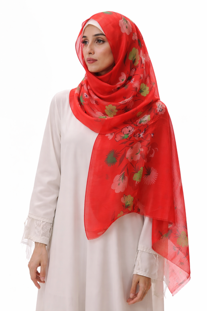 Printed Turkish Modal Hijab - Red Flowers