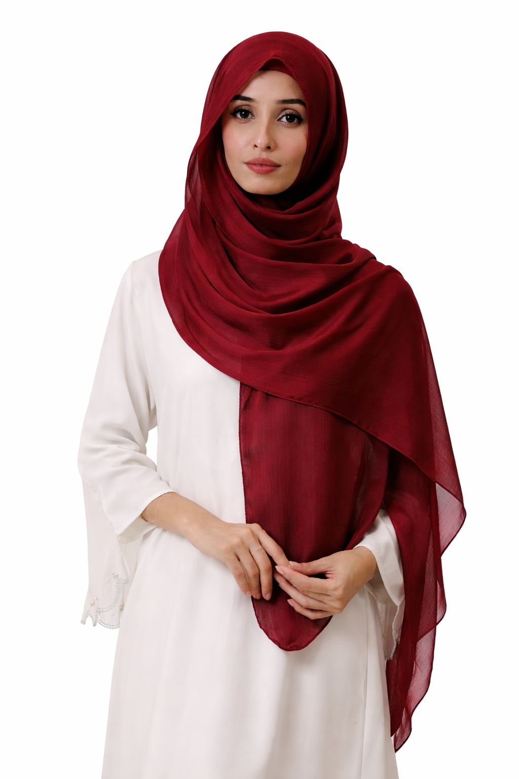 Burgundy—Instant Shinny Crinkle Chiffon Hijab with Built-in Magnets