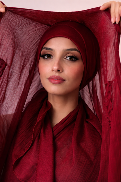 Burgundy—Instant Shinny Crinkle Chiffon Hijab with Built-in Magnets