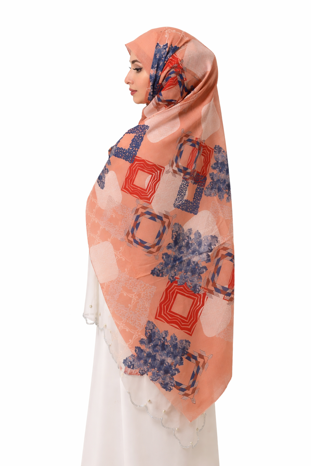 Printed Turkish Modal Hijab -Brown Blue Flower