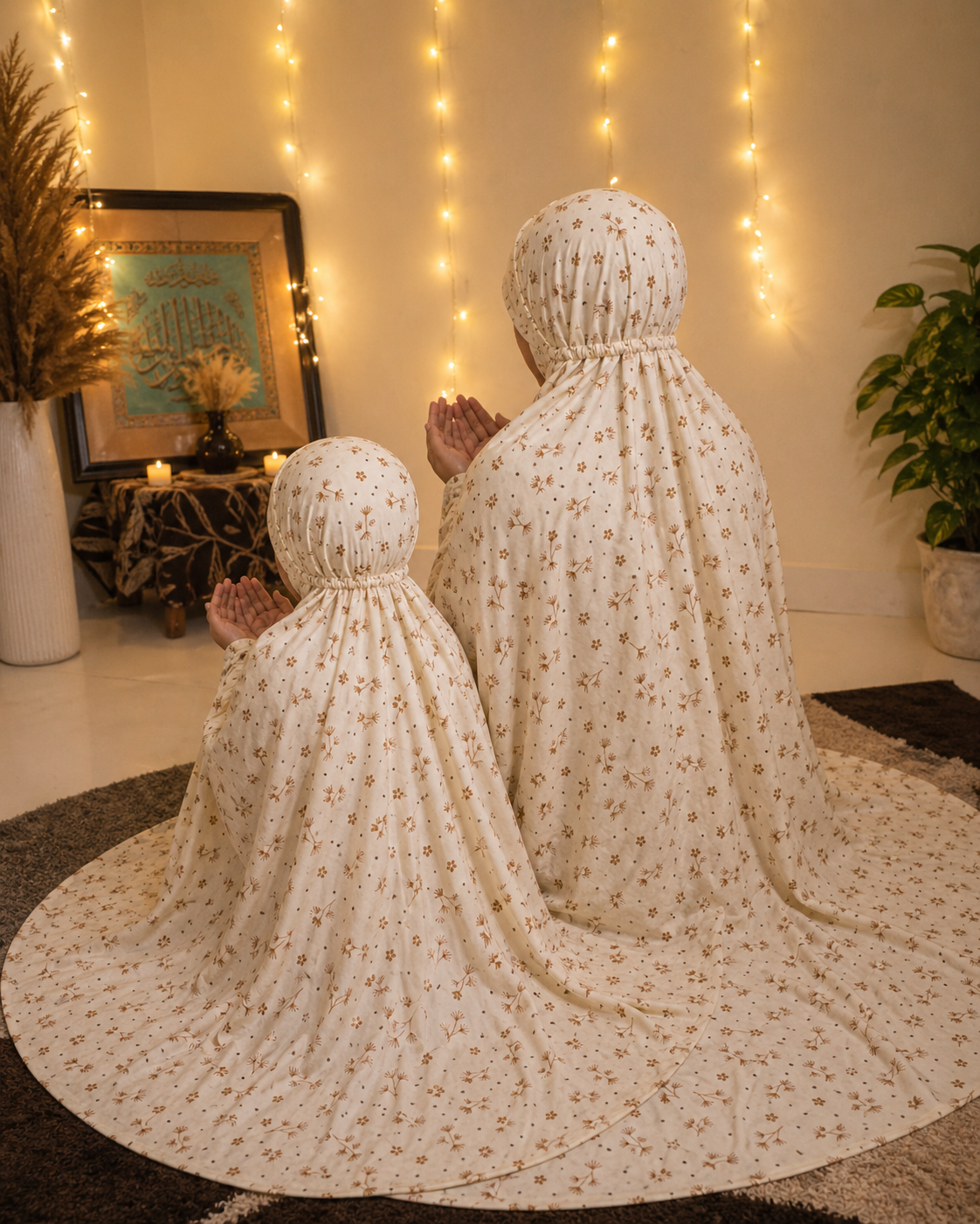Mother & Daughter Namaz Chadar Set – Printed floral Beige