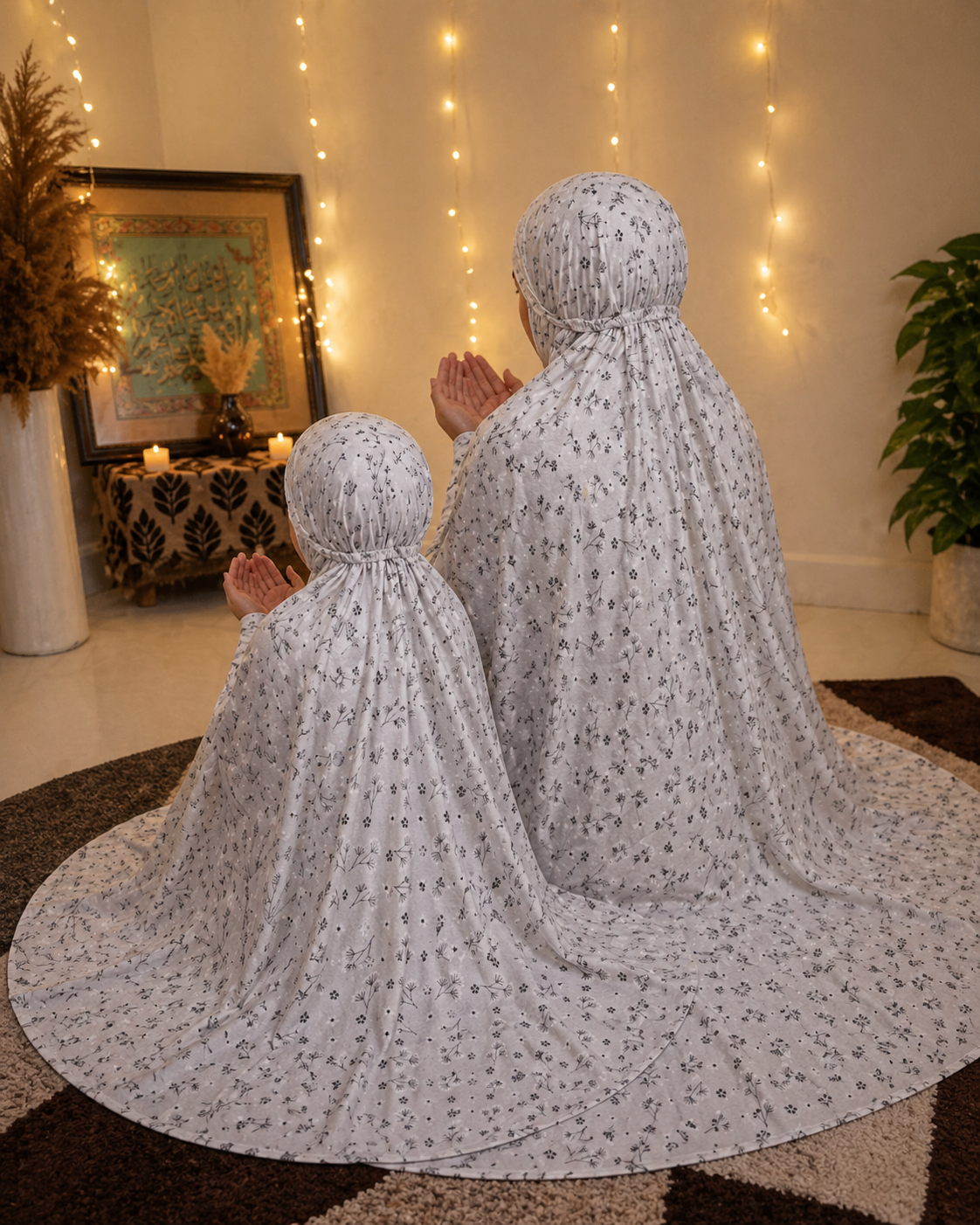 Mother & Daughter Namaz Chadar Set – Soft Grey floral printed