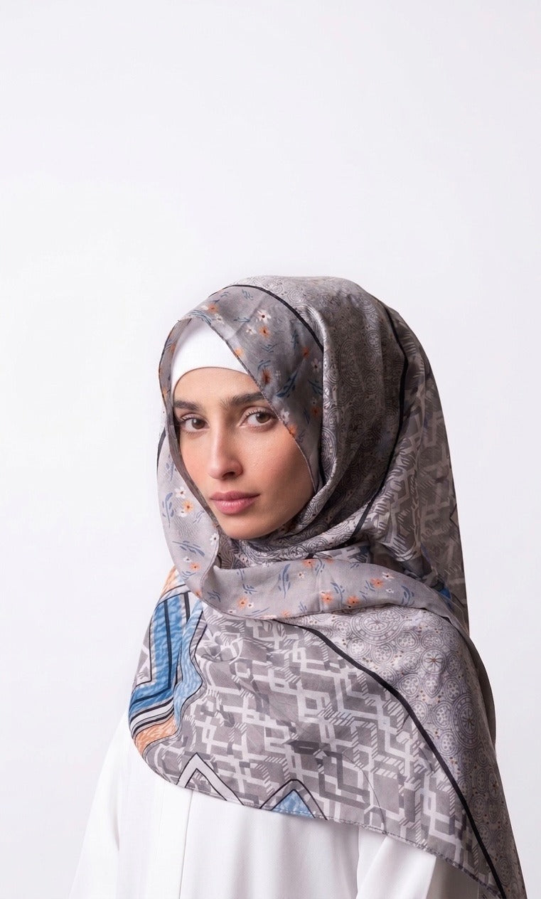 Printed Turkish Modal Hijab - Grey