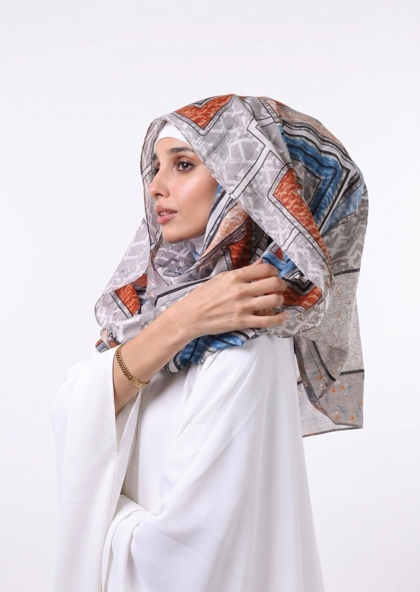 Printed Turkish Modal Hijab - Grey