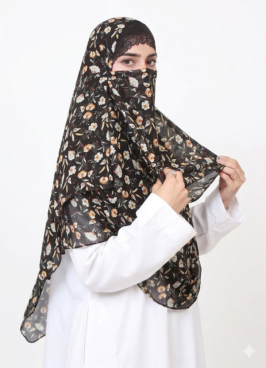 Printed Double Loop Hijab With Prinetd Niqab - Black Hazel