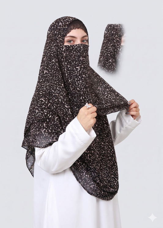Printed Double Loop Hijab With Prinetd Niqab - Black Trixie
