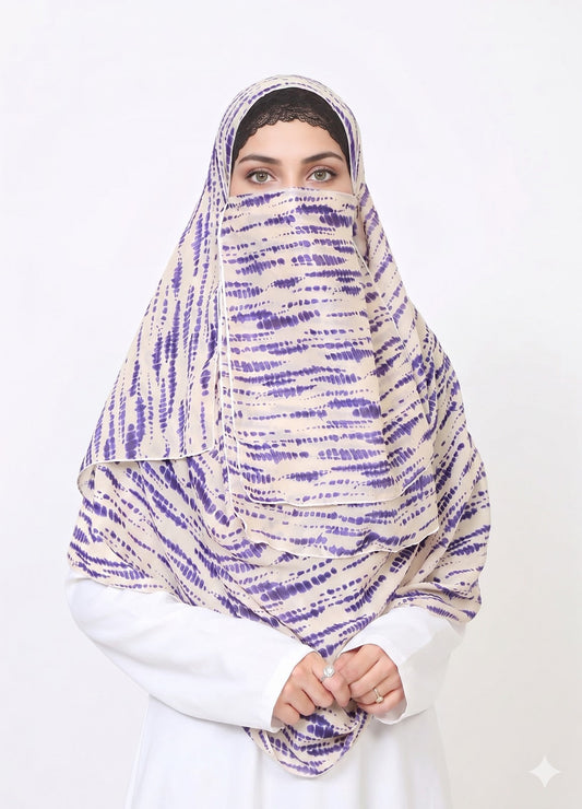 Printed Double Loop Hijab With Prinetd Niqab - Die & Tie