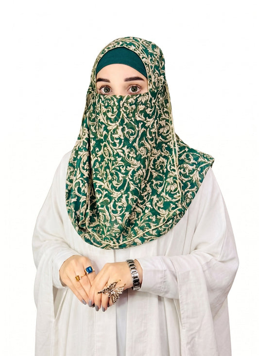 Printed Double Loop Hijab With Prinetd Niqab - Green Printed