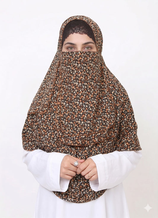 Printed Double Loop Hijab With Prinetd Niqab - Multi Flower