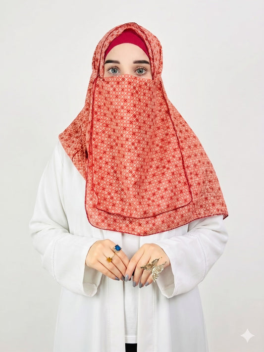 Printed Double Loop Hijab With Prinetd Niqab - Printed rust