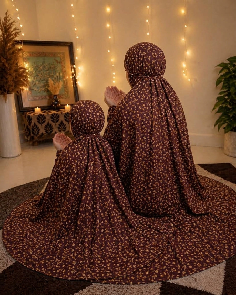 Mother & Daughter Namaz Chadar Set – Maroon Printed